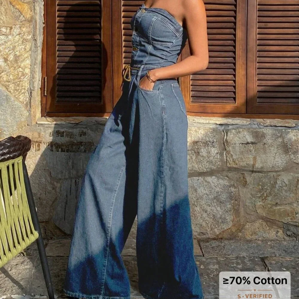 NWOT Drawstring Waist Tube Jumpsuit With Wide Leg Jeans - Picture 3 of 6